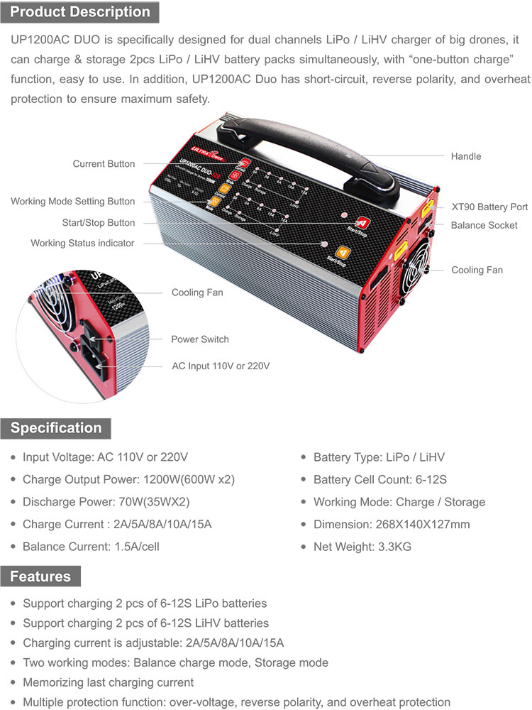 UP1200AC DUO Dual LiPo LiHV 6-12s Smart Charger