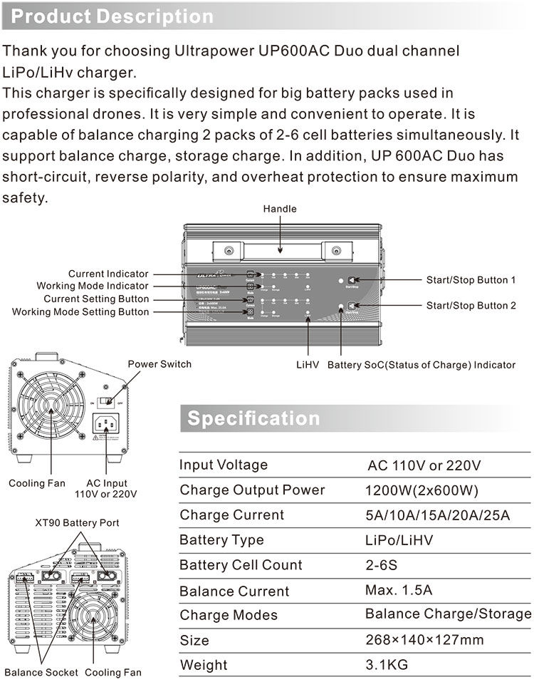 UP600AC DUO Dual LiPo LiHV Battery Charger