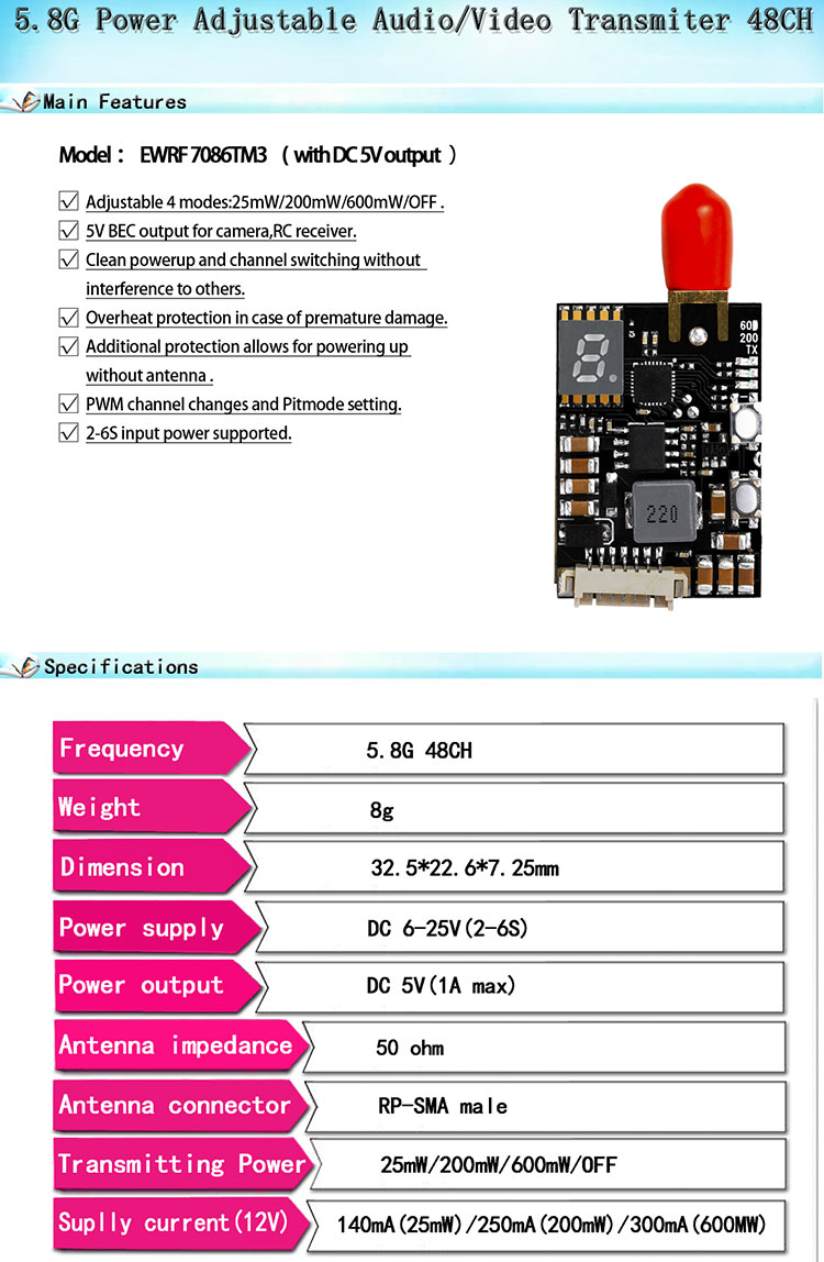 5.8G 600mW 48CH adjustable Video /Audio Transmitter