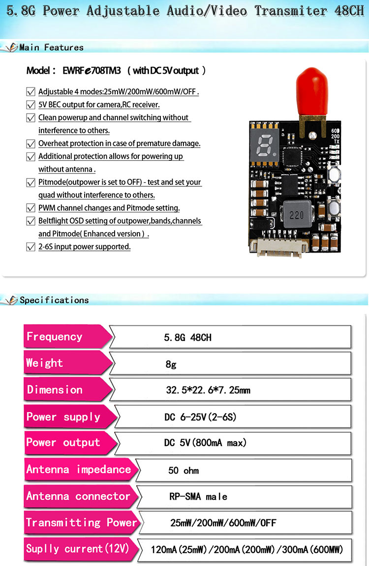 5.8G 600mW Adjustable OSD setting 48CH video transmitter