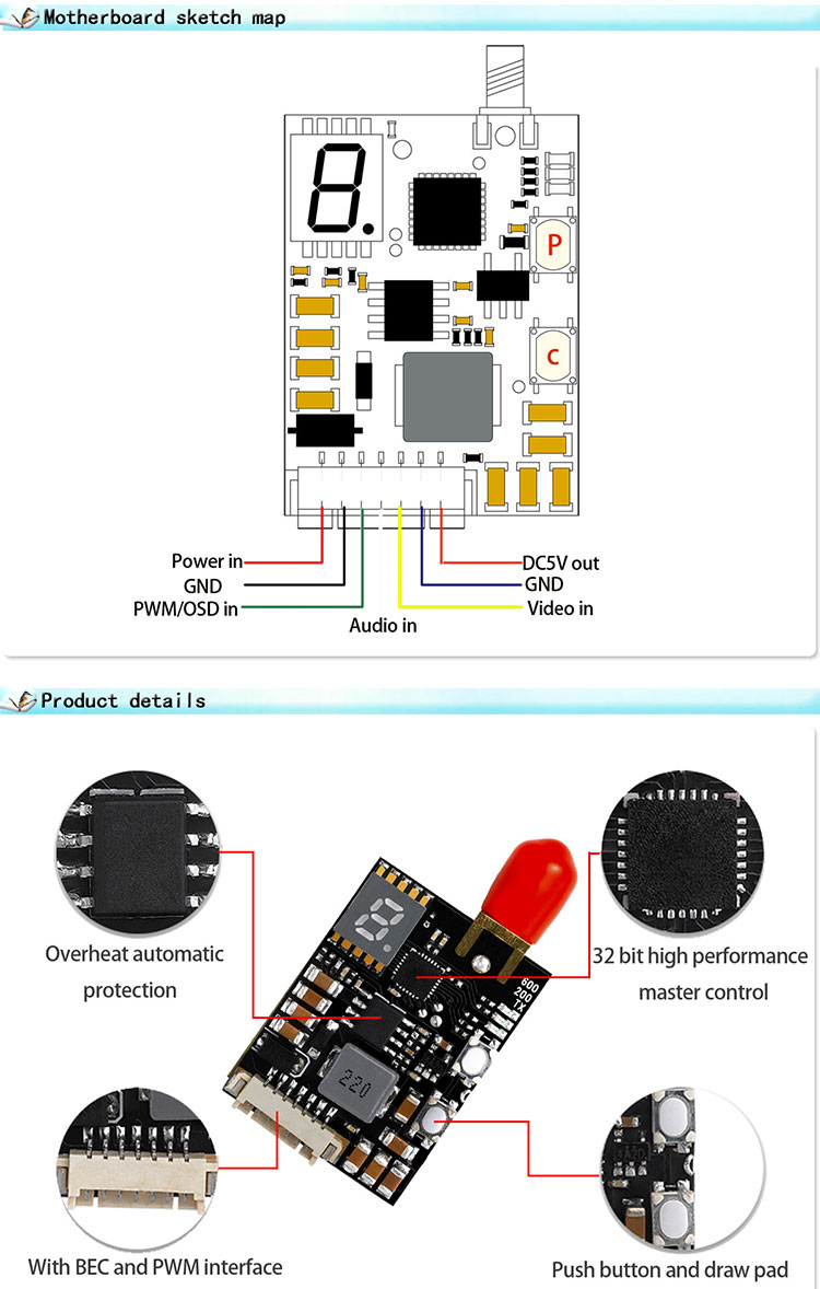 5.8G 600mW Adjustable OSD setting 48CH video transmitter