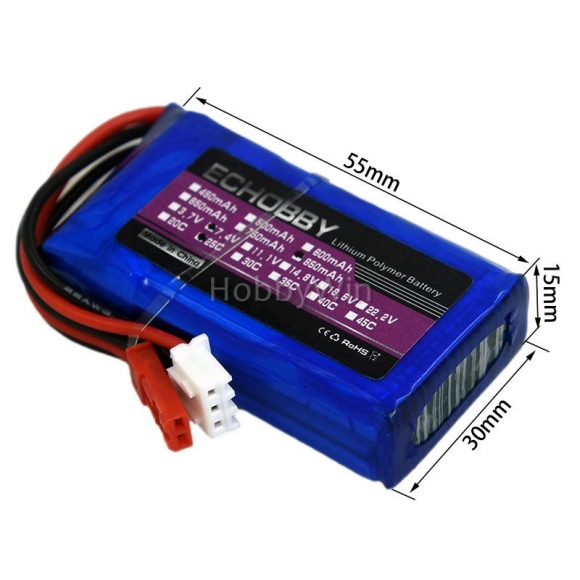 7.4V 2S 850mAh 25C LiPO Battery JST plug