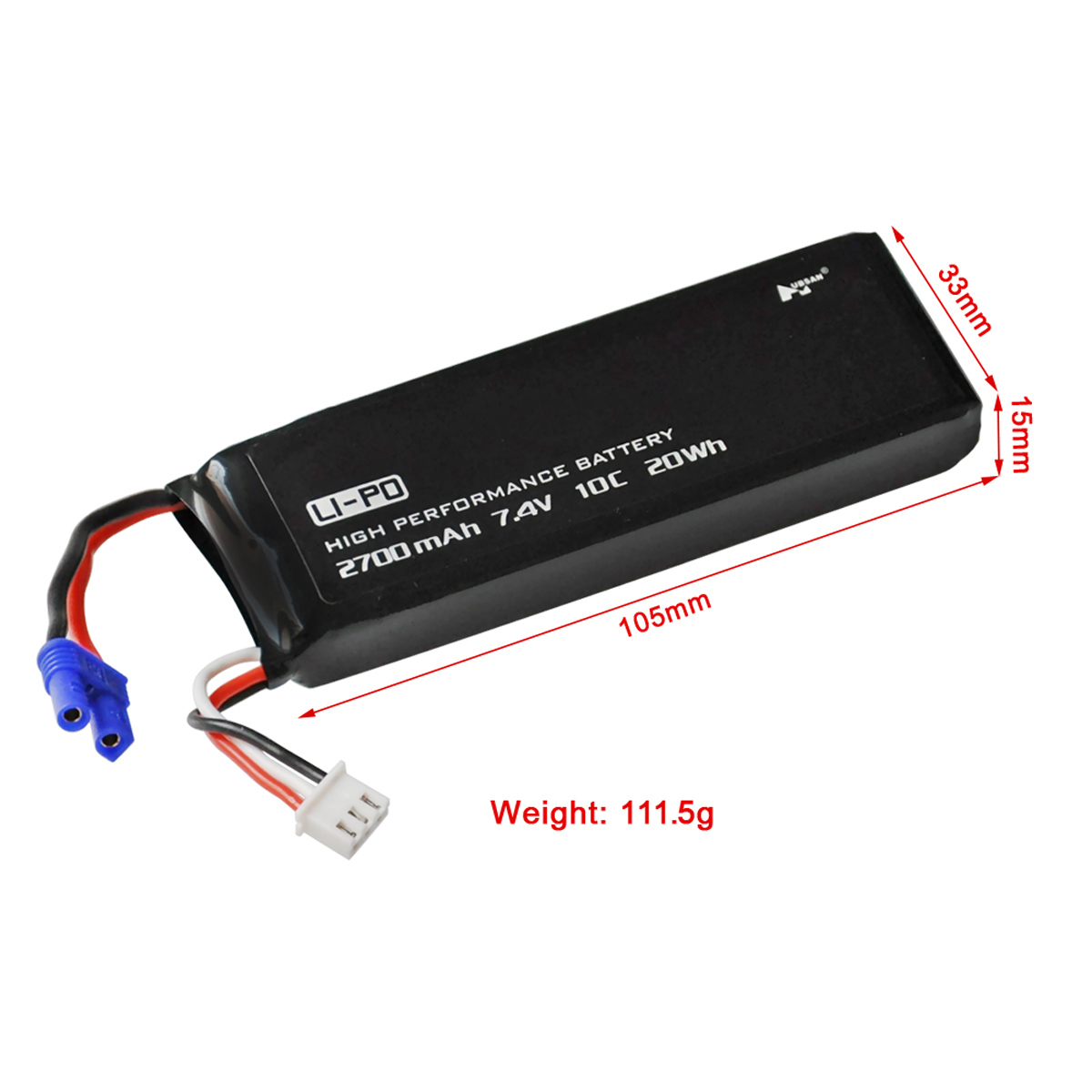 7.4V 2S 2700mAh 10C LiPO Battery EC2 plug - Click Image to Close